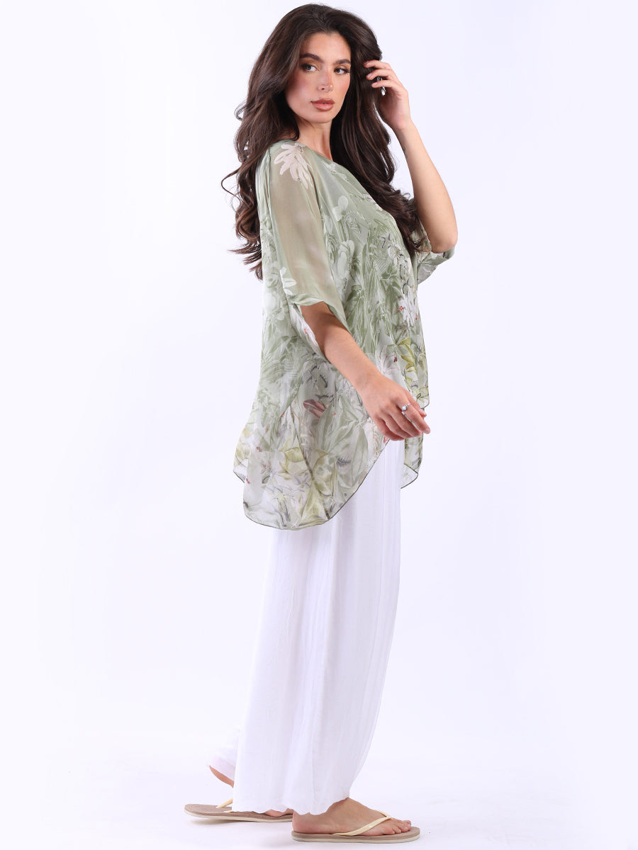 Floral Print Silk Batwing Tunic Top