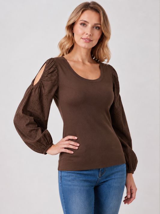 Cold Shoulders Embroidered Cotton T-Shirt