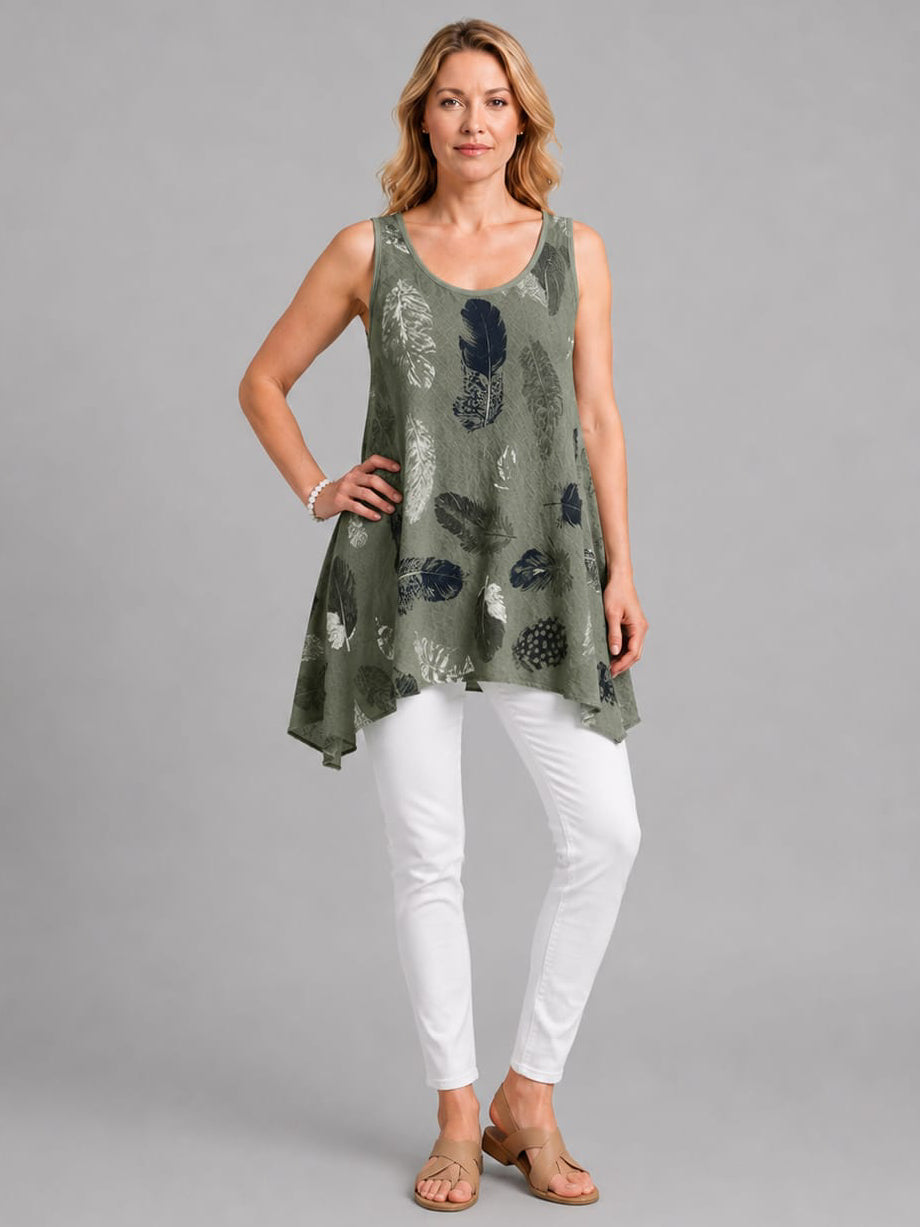 Feather Print Cotton Tunic Top Khaki