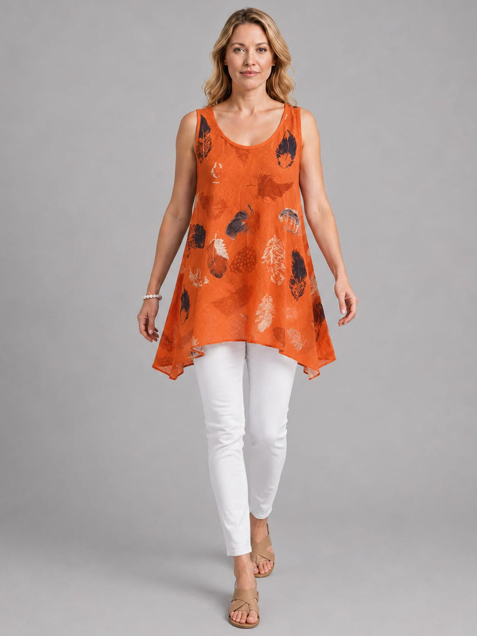 Feather Print Cotton Tunic Top Orange