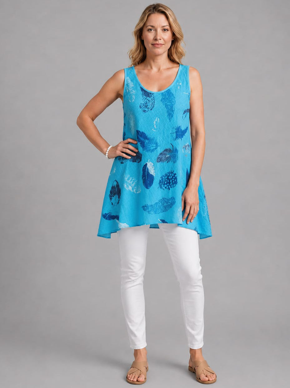 Feather Print Cotton Tunic Top Turquoise