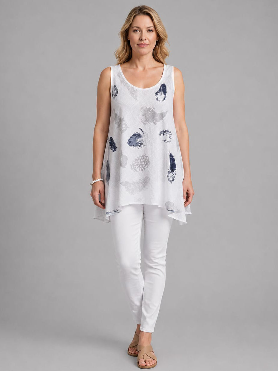 Feather Print Cotton Tunic Top White