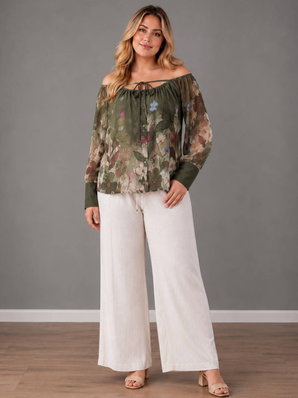 Floral Plus SIze Off Shoulder Top Khaki
