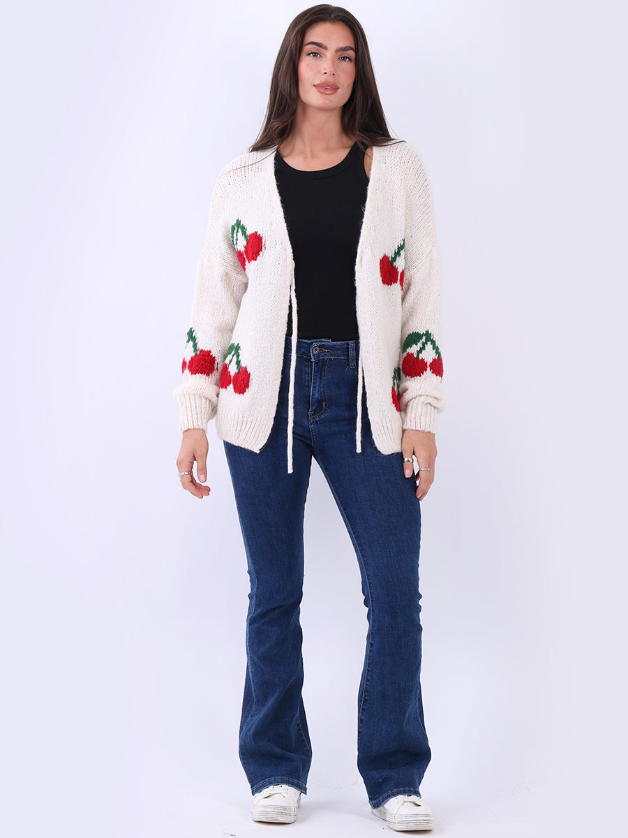 Cherry Print Wool Knit Crop Cardigan