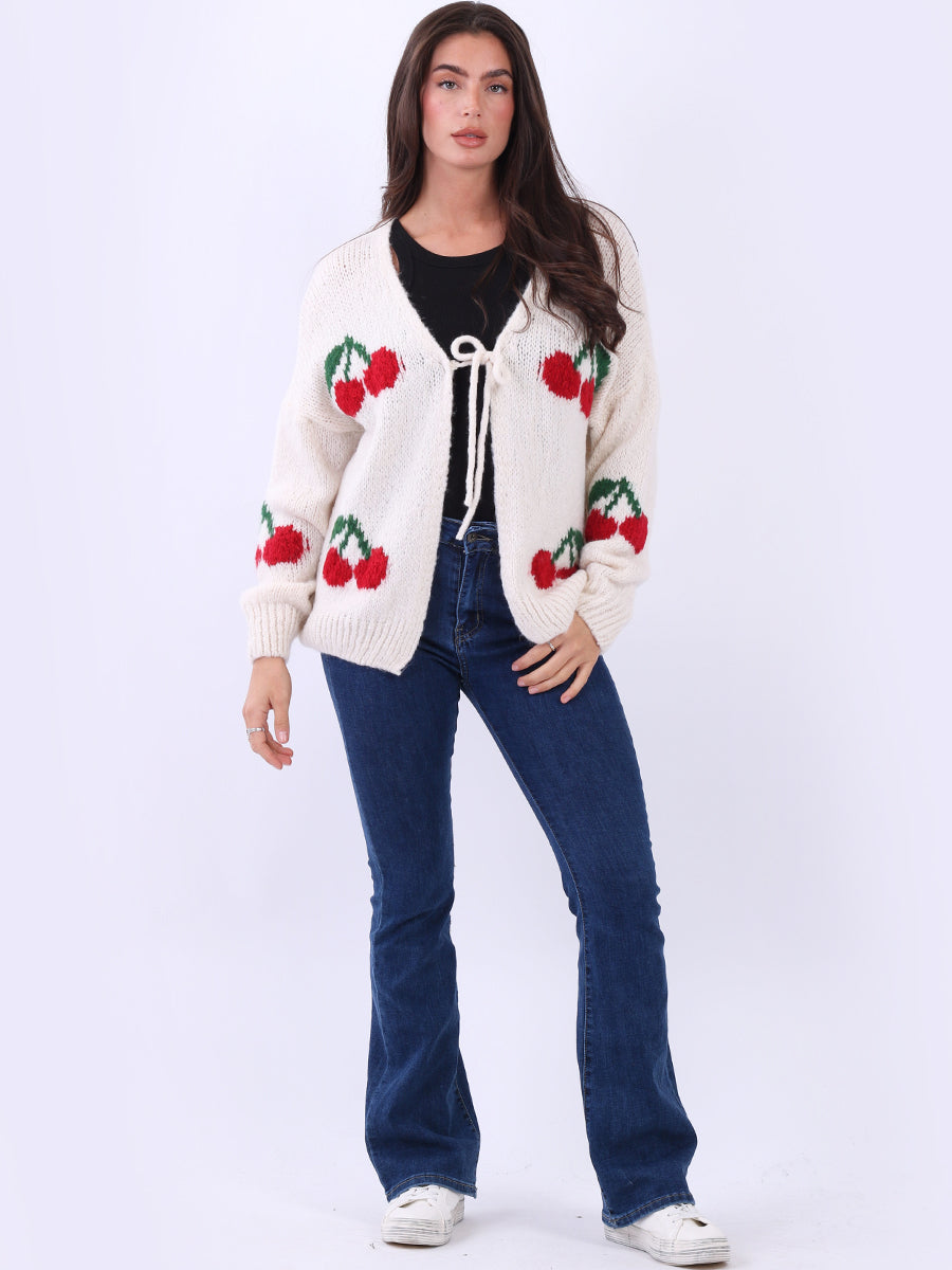 Cherry Print Wool Knit Crop Cardigan