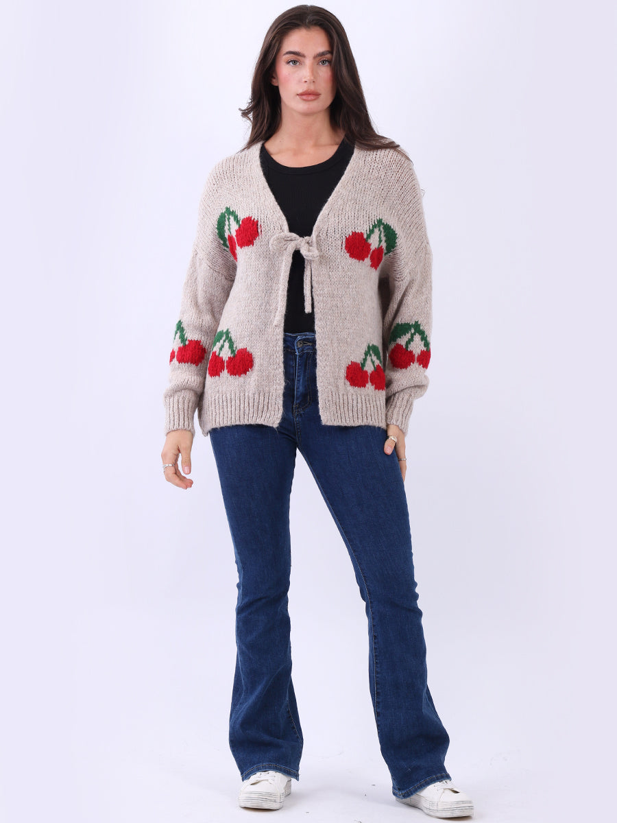 Cherry Print Wool Knit Crop Cardigan