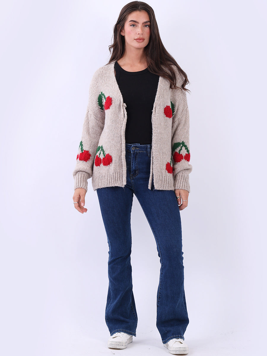 Cherry Print Wool Knit Crop Cardigan