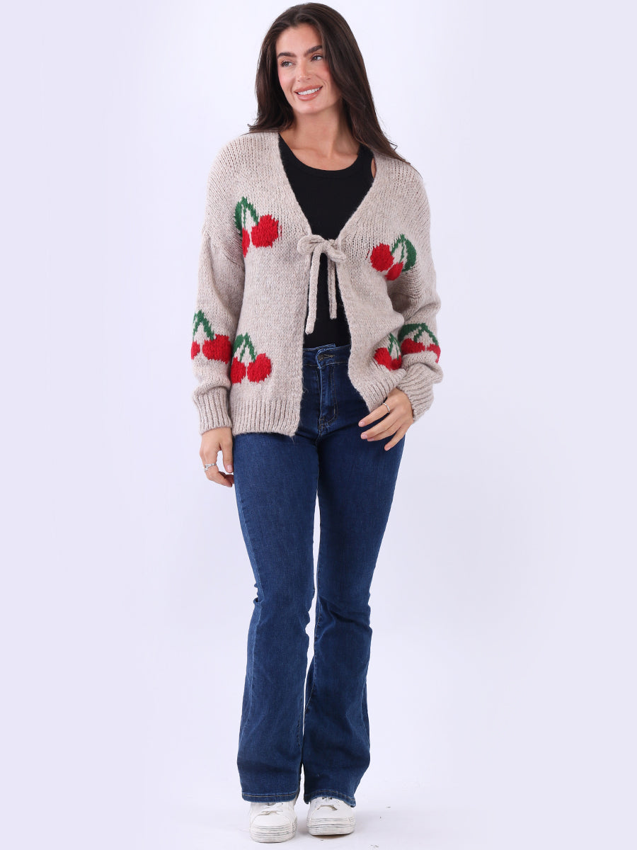 Cherry Print Wool Knit Crop Cardigan