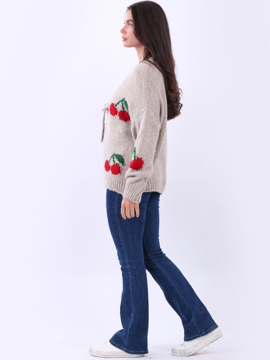 Cherry Print Wool Knit Crop Cardigan