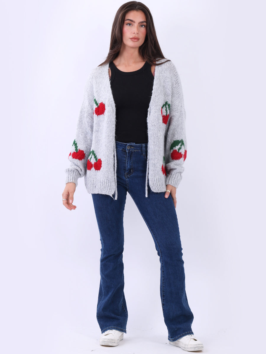 Cherry Print Wool Knit Crop Cardigan