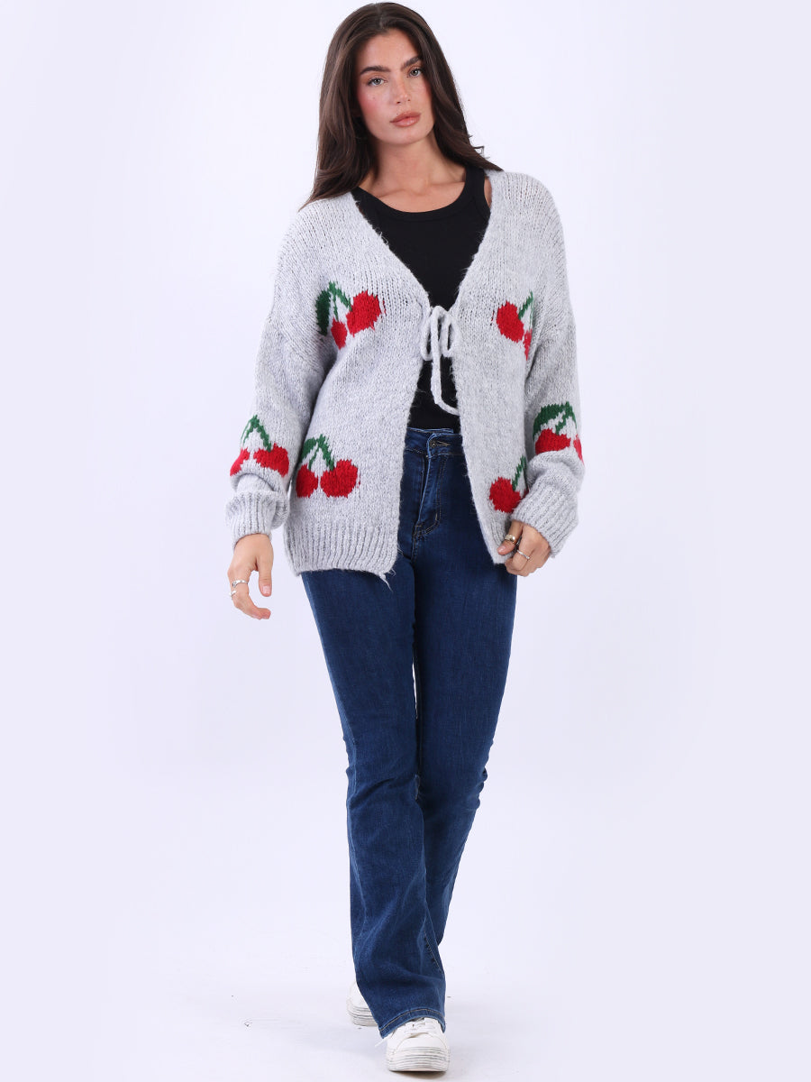 Cherry Print Wool Knit Crop Cardigan