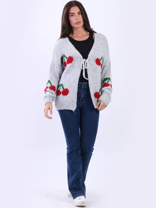 Cherry Print Wool Knit Crop Cardigan