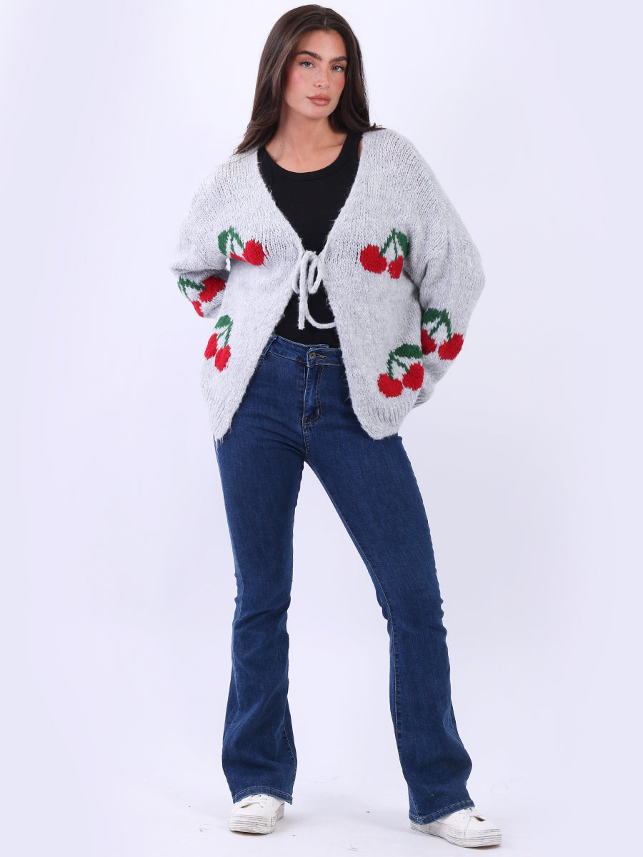 Cherry Print Wool Knit Crop Cardigan