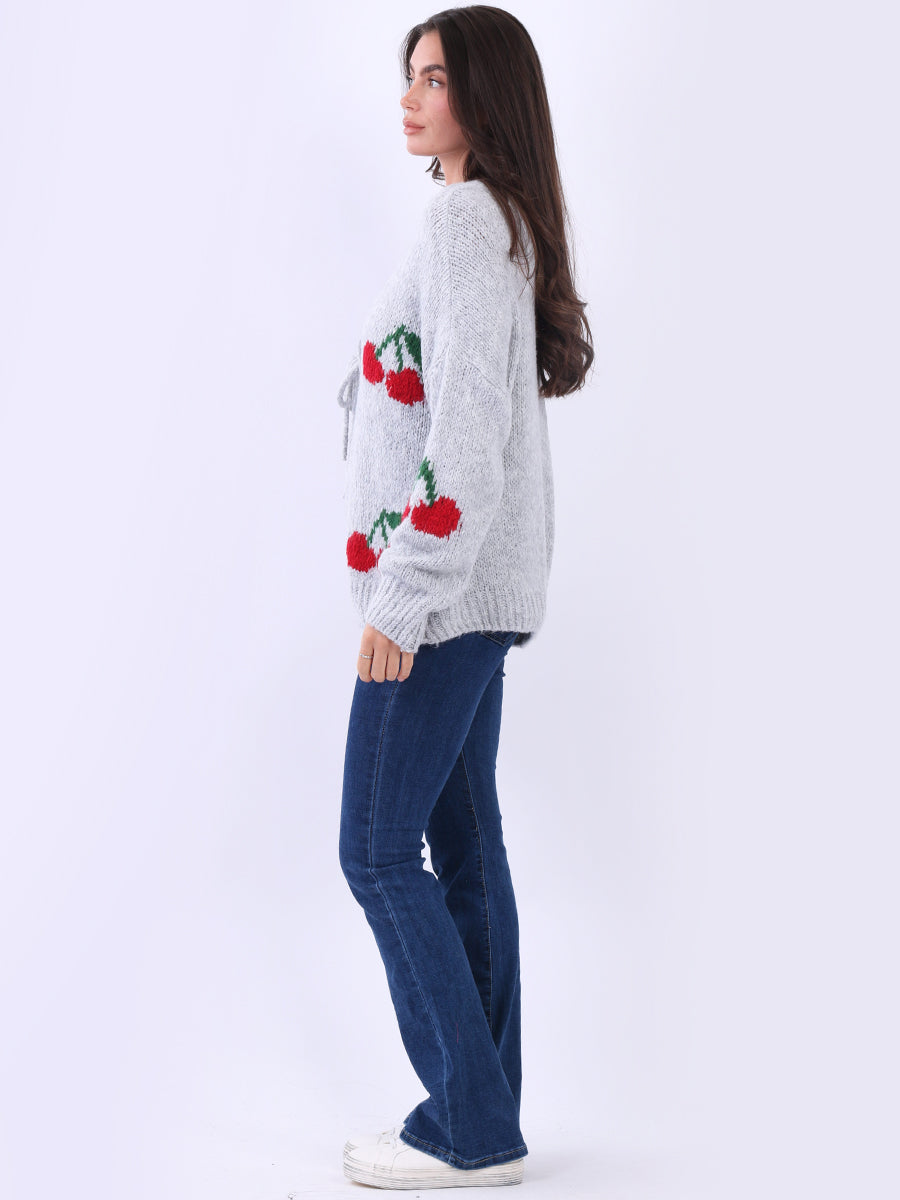 Cherry Print Wool Knit Crop Cardigan