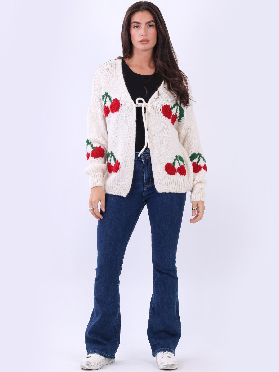 Cherry Print Wool Knit Crop Cardigan