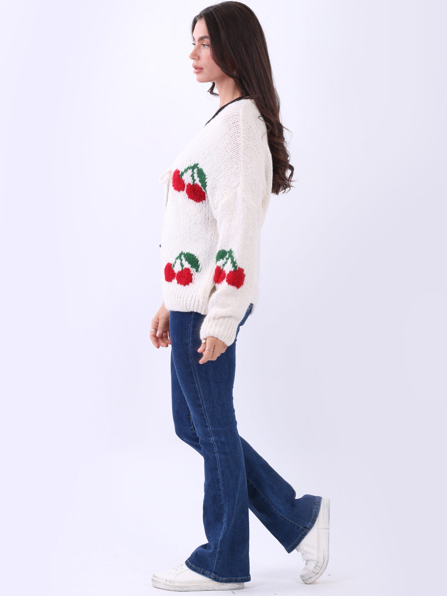 Cherry Print Wool Knit Crop Cardigan