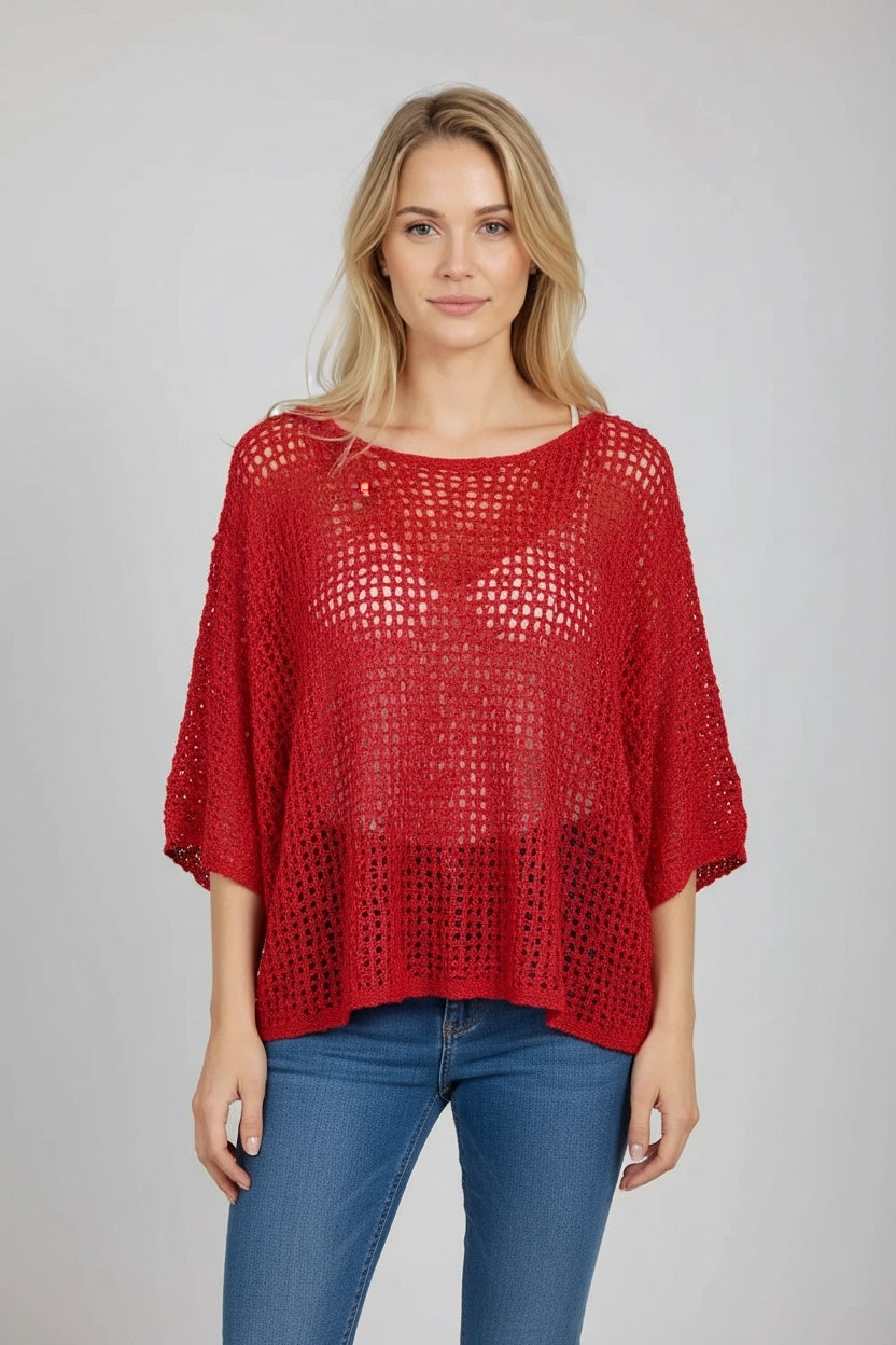 Crochet Net Batwing Top Red