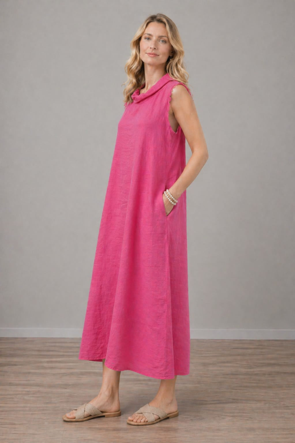 Made In Italy Plain Linen Cowl Neck Long Dress