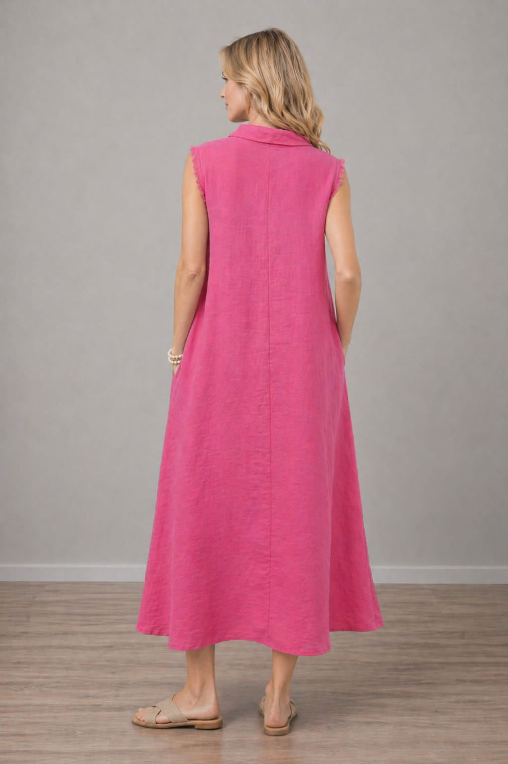 Made In Italy Plain Linen Cowl Neck Long Dress