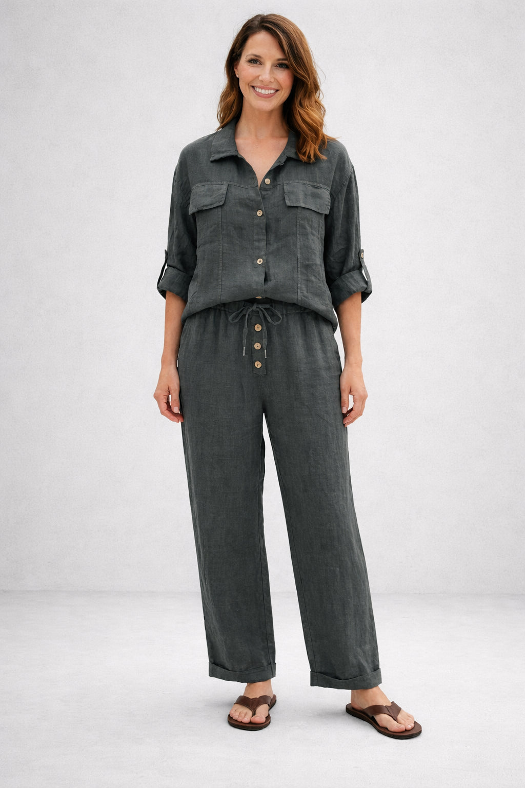 Button Down Linen Jacket Khaki