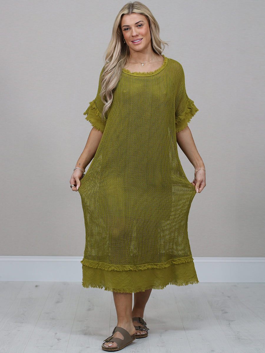 Mesh Net Cotton Dress Olive