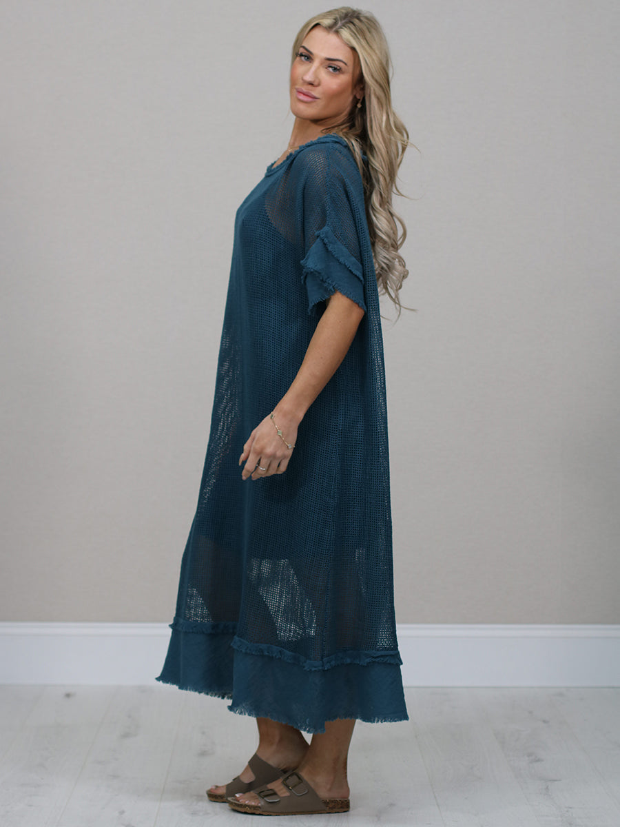 Plain Mesh Net Cotton Midi Dress