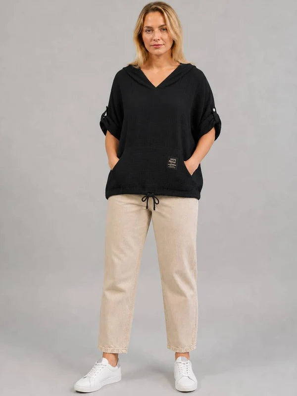Italian Buckle Sleeves Cotton Hooded Top