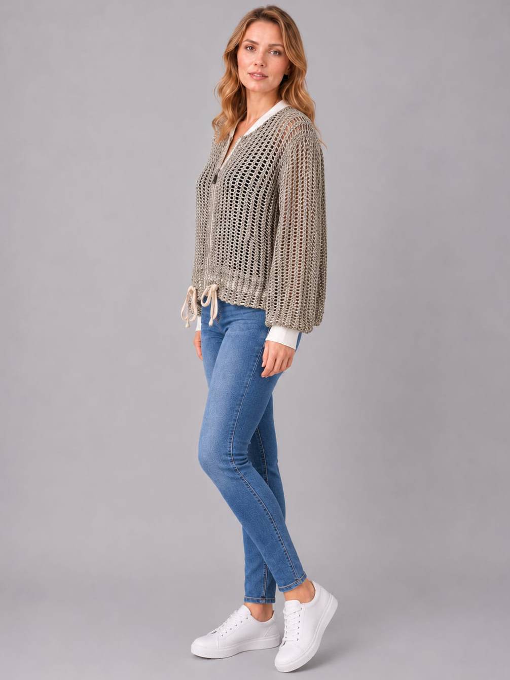 Mesh Net Cotton Front Zip Up Jacket