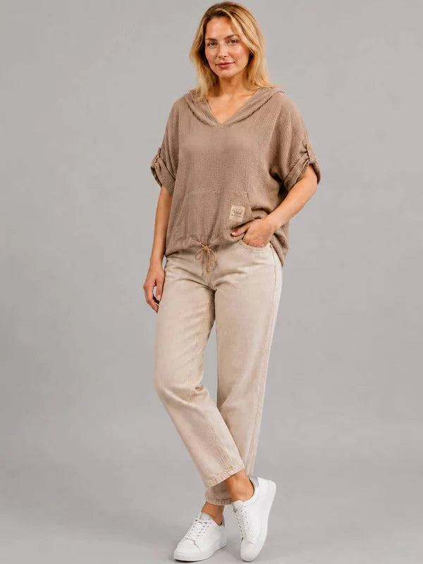 Italian Buckle Sleeves Cotton Hooded Top