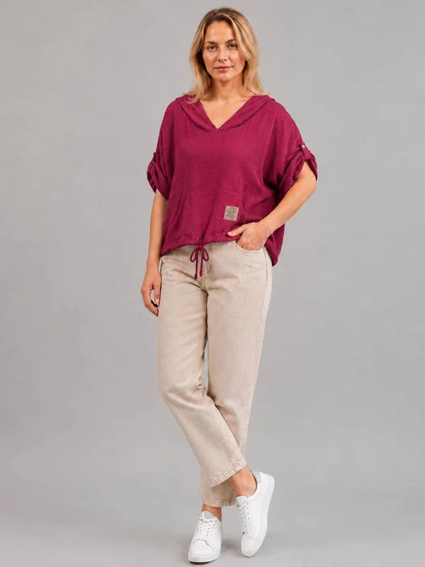 Italian Buckle Sleeves Cotton Hooded Top