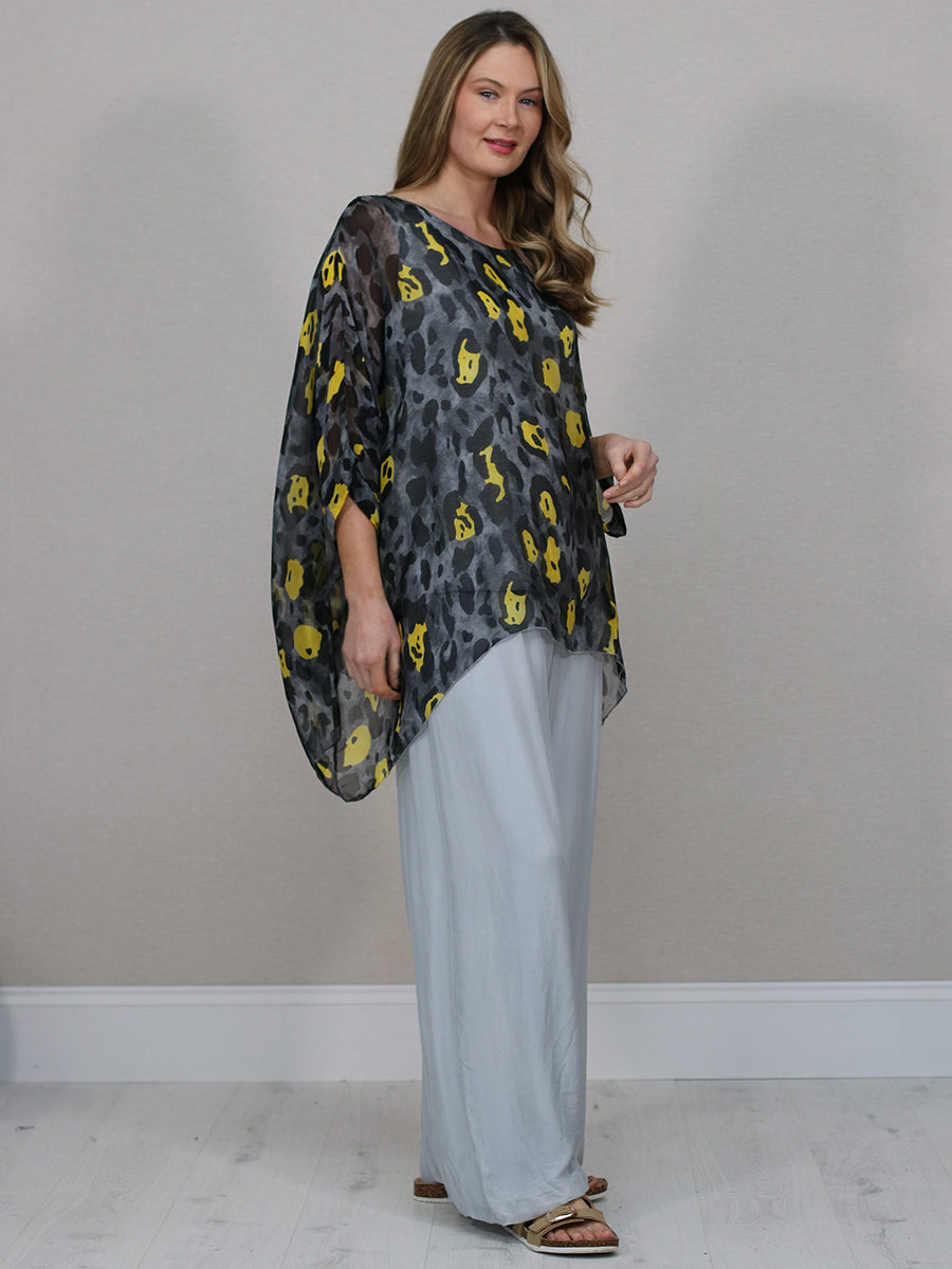 Batwing Sleeves Silk Leopard Print Oversized Tunic Top