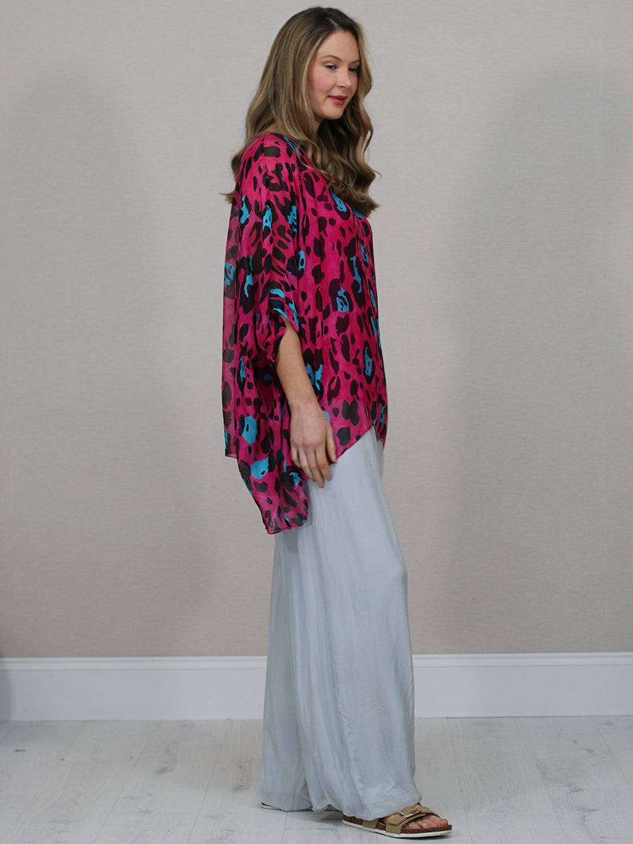 Batwing Sleeves Silk Leopard Print Oversized Tunic Top