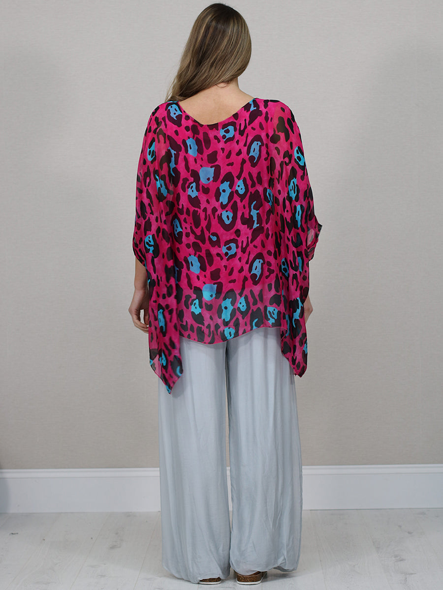 Batwing Sleeves Silk Leopard Print Oversized Tunic Top