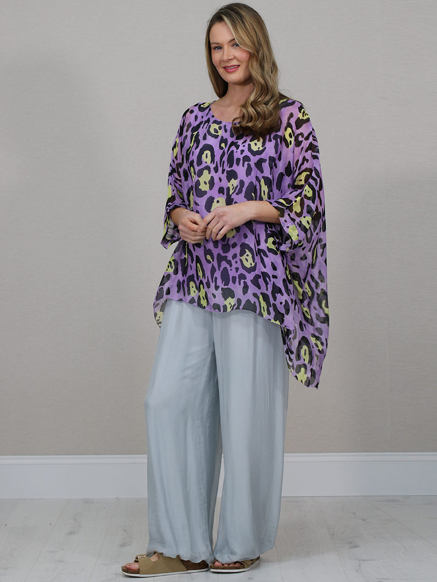 Batwing Sleeves Silk Leopard Print Oversized Tunic Top