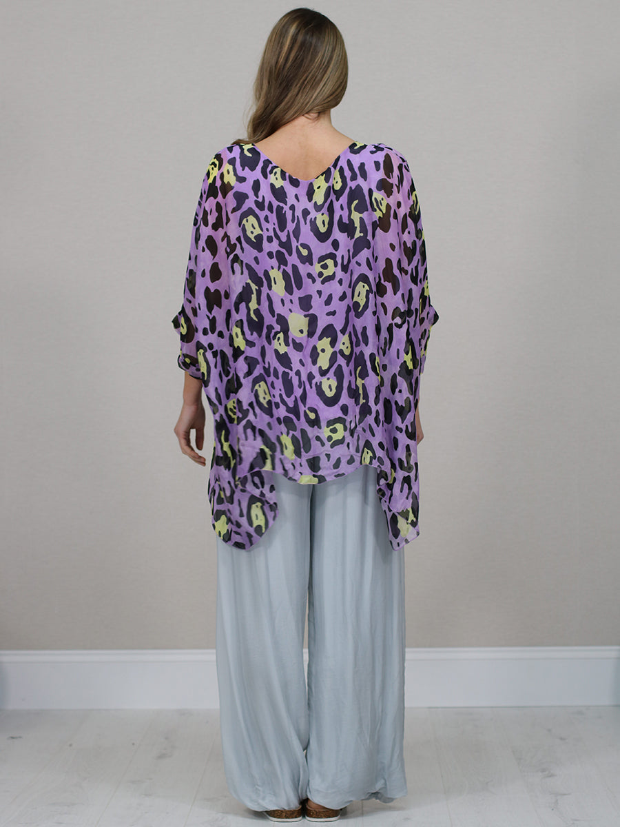 Batwing Sleeves Silk Leopard Print Oversized Tunic Top
