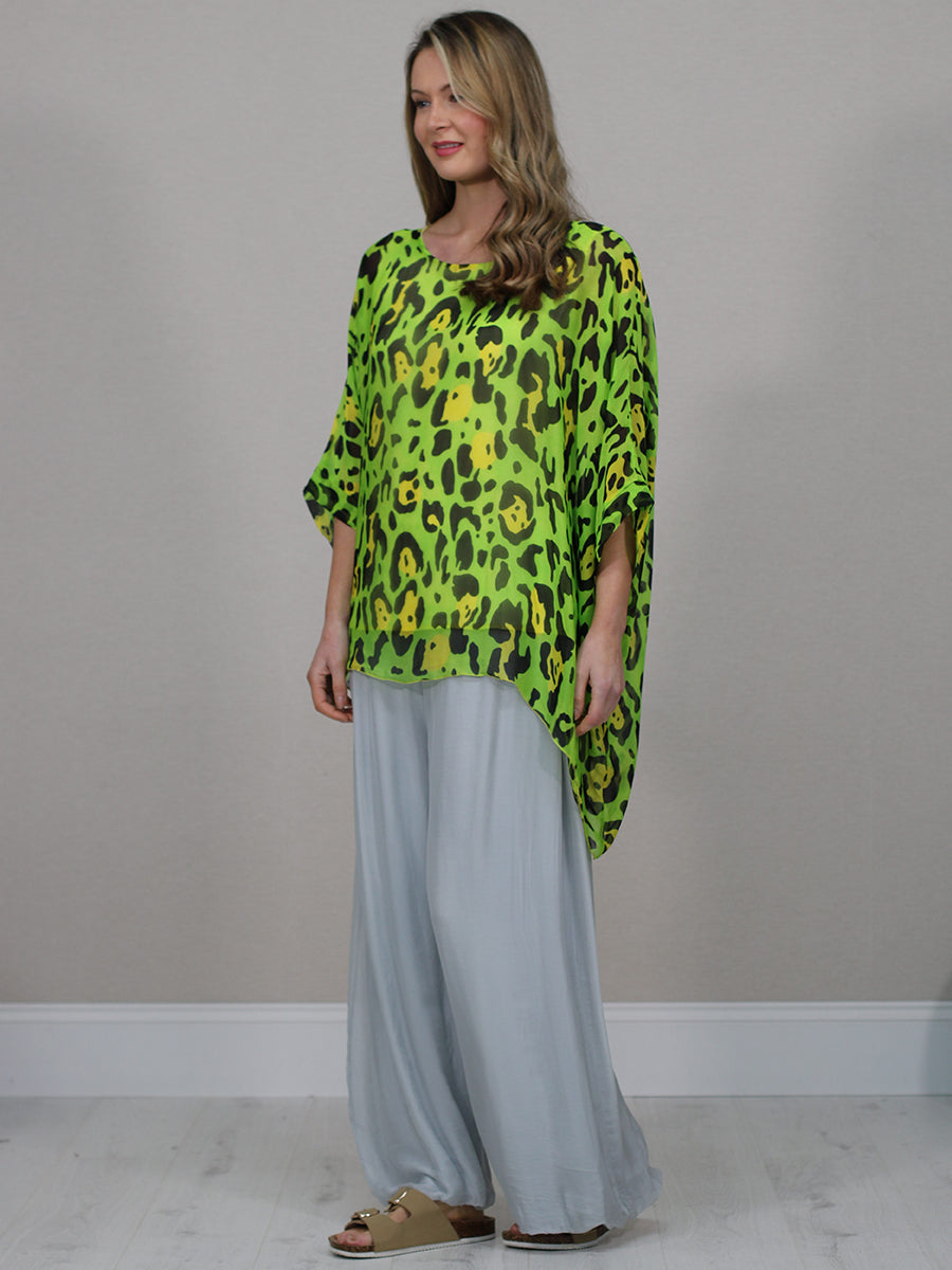 Batwing Sleeves Silk Leopard Print Oversized Tunic Top