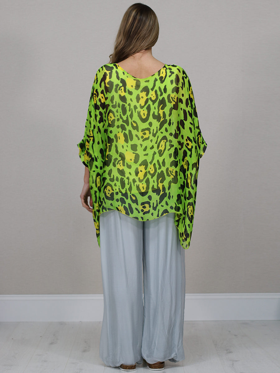 Batwing Sleeves Silk Leopard Print Oversized Tunic Top