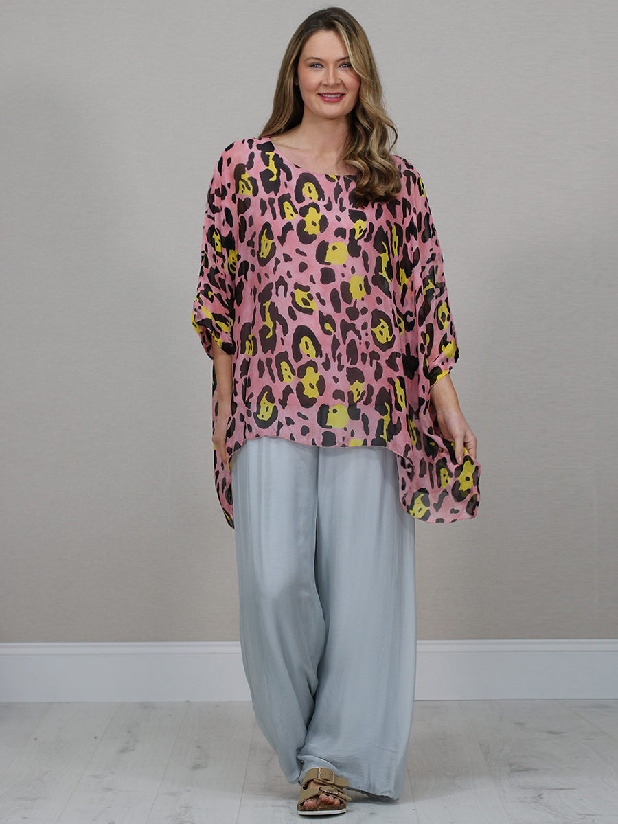 Batwing Sleeves Silk Leopard Print Oversized Tunic Top