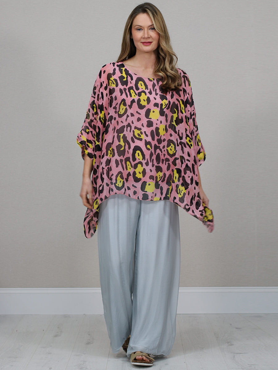 Batwing Sleeves Silk Leopard Print Oversized Tunic Top