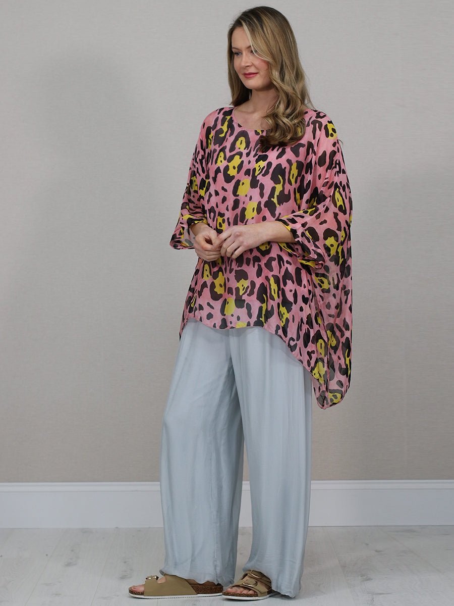 Batwing Sleeves Silk Leopard Print Oversized Tunic Top