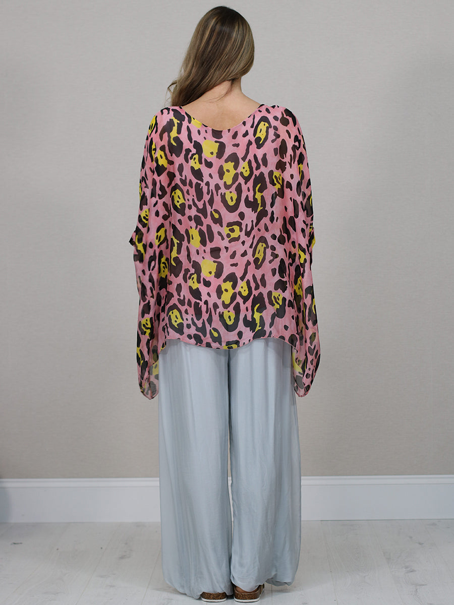 Batwing Sleeves Silk Leopard Print Oversized Tunic Top