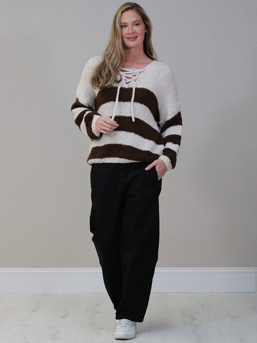 Woolen Knit Stripy Crop Jumper Beige