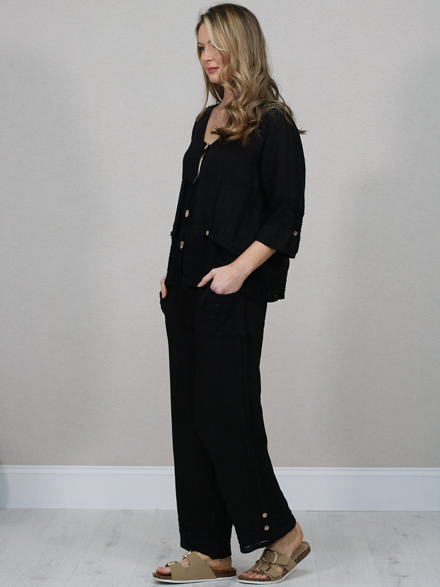Ruffle Panel Button Down Linen Crop Top
