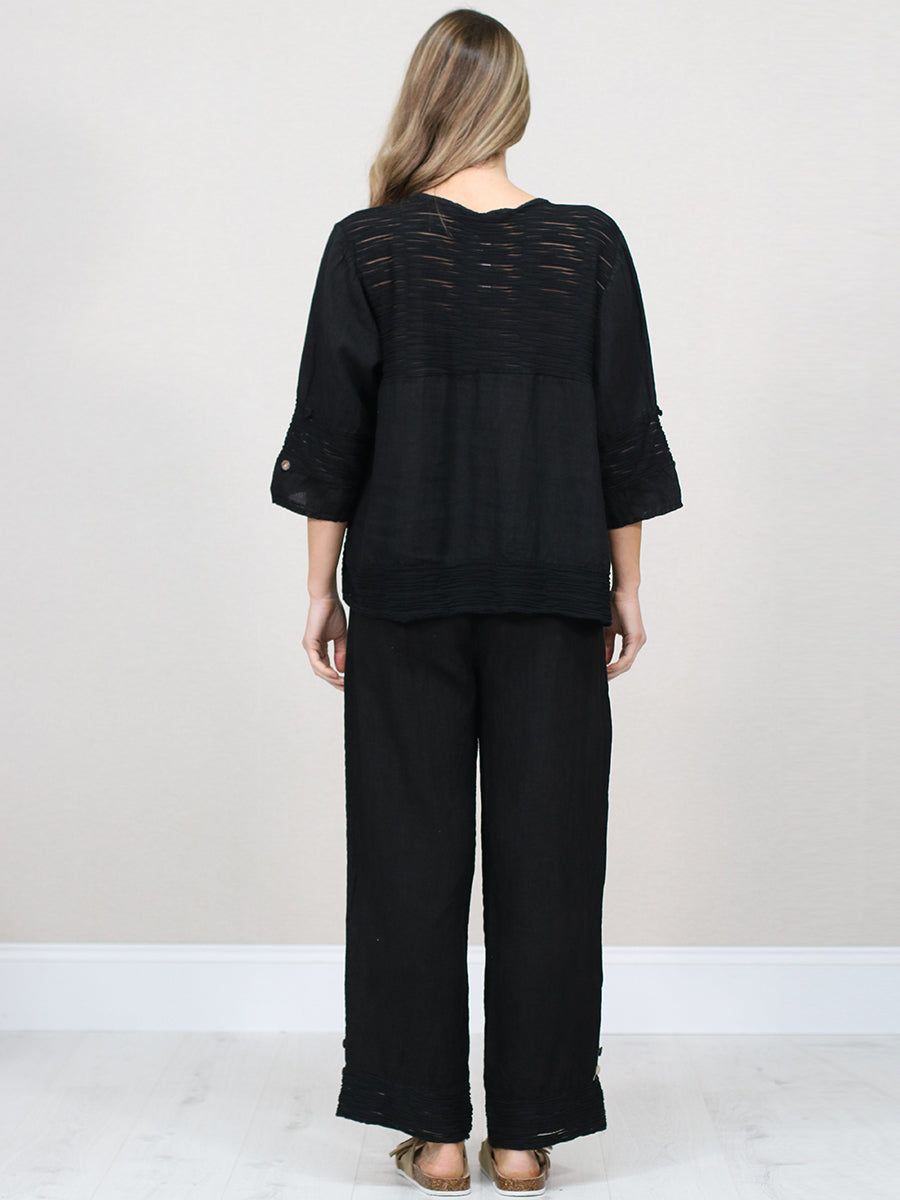 Ruffle Panel Button Down Linen Crop Top