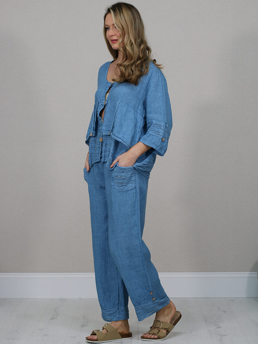 Ruffle Panel Button Down Linen Crop Top