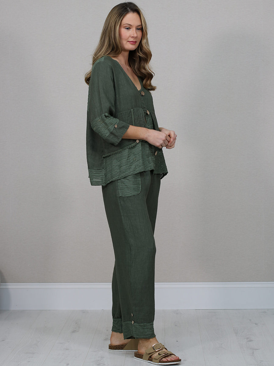 Ruffle Panel Button Down Linen Crop Top