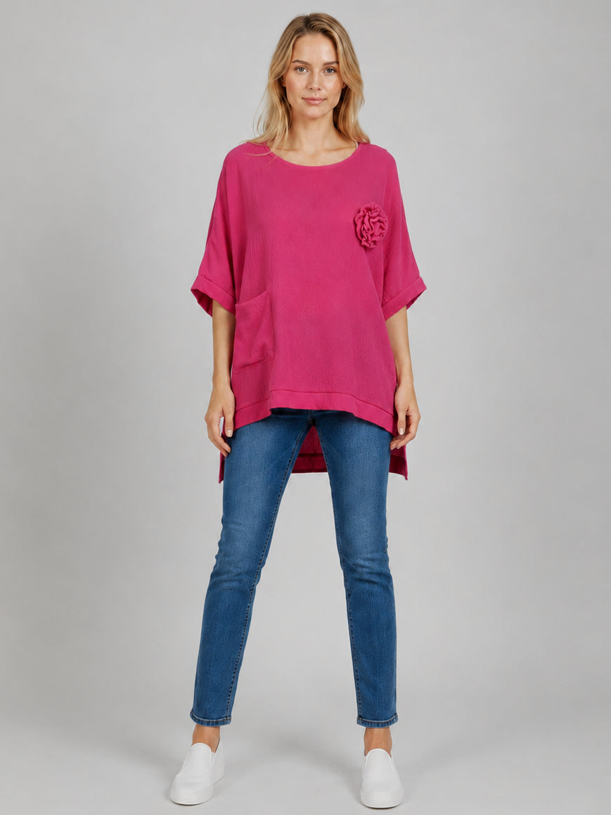 Flower Applique Baggy Shirt Fuchsia