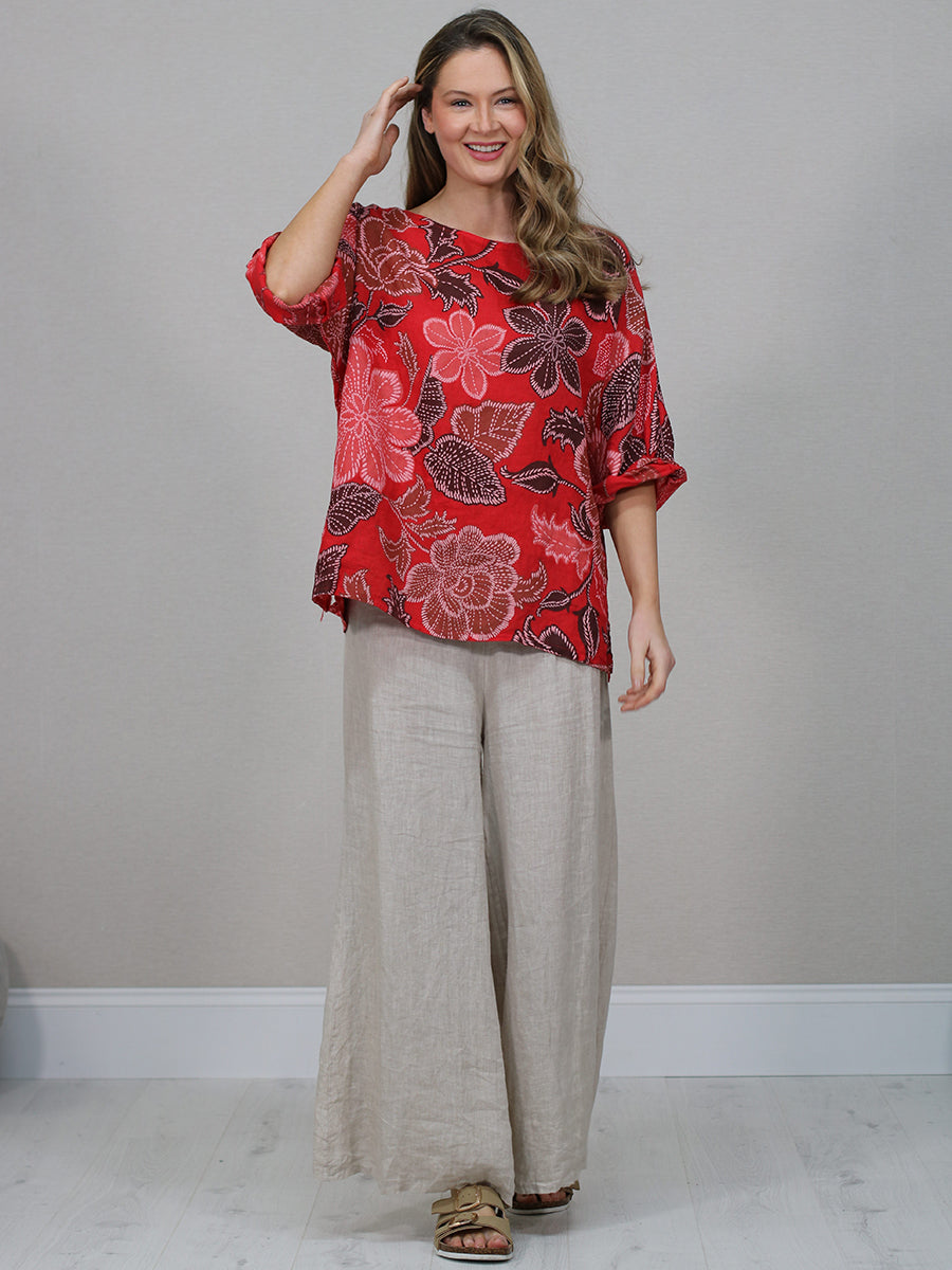  Floral Print Linen Top Red