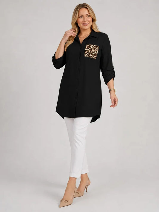 Leopard Pocket Plus Size Shirt Dress Black