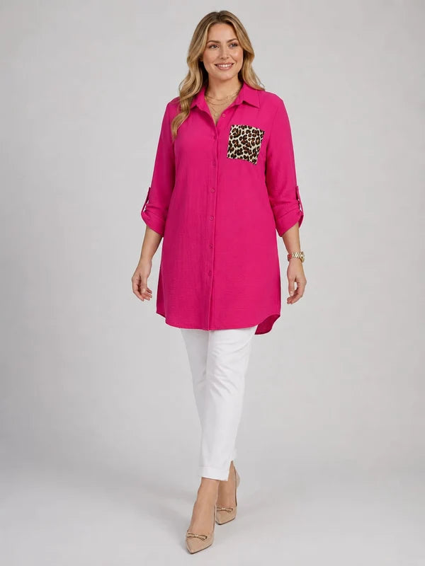 Leopard Pocket Plus Size Shirt Dress Fuchsia